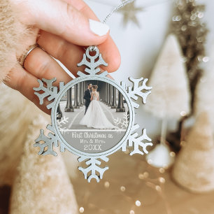 Trouwfoto Zilver Eerste Kerst Mis & Mevrouw Tin Sneeuwvlok Ornament