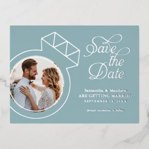 Trouwfotobruiloft 'Save the Date' in Sea Glass Blu Folie Uitnodiging Briefkaart