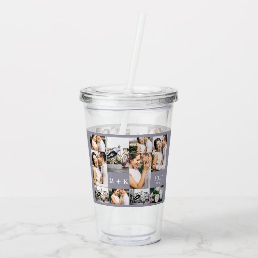 Trouwfotocollage met monogram en datum acryl drinkbeker (Achterkant)