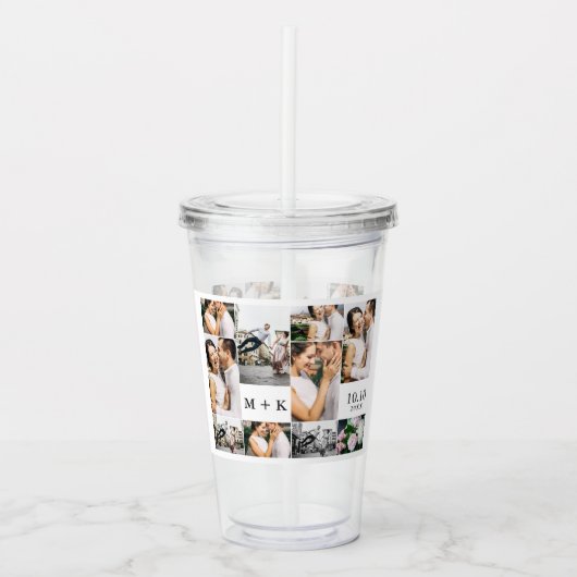 Trouwfotocollage met monogram en datum acryl drinkbeker (Voorkant)