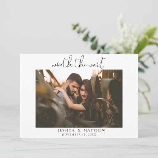 Trouwfotografie-script Modern - Het Wachten Waard Save The Date (Staand voorkant)