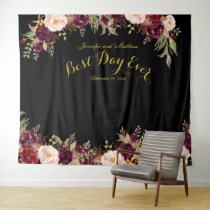 Trouwfotohokje bordeauxrood bloemmotief zwart goud wandkleed