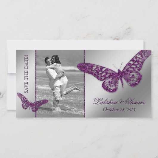 Trouwfotokaart Save the Date Butterfly Paarse (Voorkant)