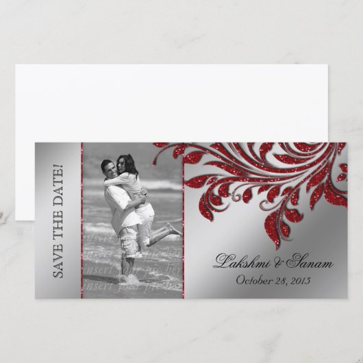Trouwfotokaart Save the Date Leaf Red Silver (Voorkant / Achterkant)