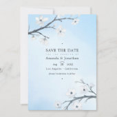 Trouwfoto's met witte kersenbloesems save the date (Voorkant)