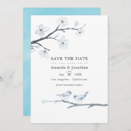 Trouwfoto's met witte kersenbloesems save the date