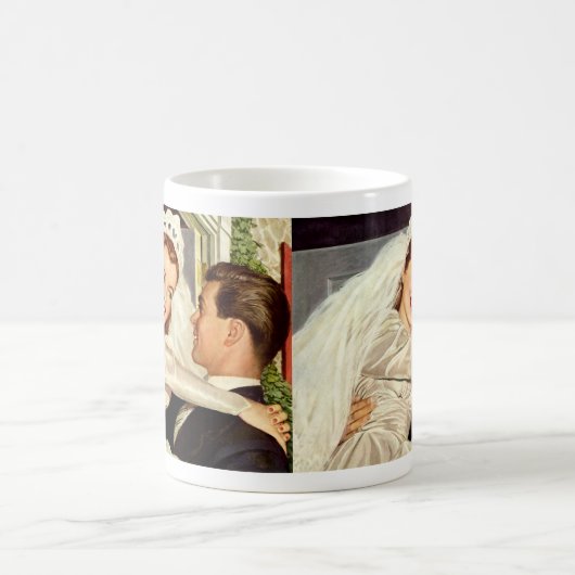 Trouwfoto's van pasgetrouwden, gelukkige bruid en  koffiemok (Center)