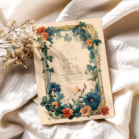 Trouwframe met vintage saffierbloesem save the date