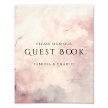Trouwgastboek bord met roze waterverfwas