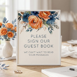 Trouwgastboek teken Navy verbrand oranje bloemen Poster