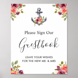 Trouwgastboekbord met bloemmotief en scheepsanker poster