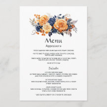 Trouwgastdetails in marineblauw en oranje bloemen