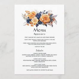 Trouwgastdetails in marineblauw en oranje bloemen menu