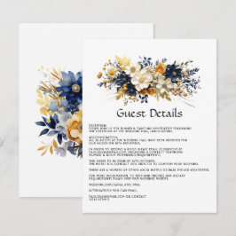 Trouwgastdetails in Navy, Wit en Goud Bloemmotief Informatiekaartje