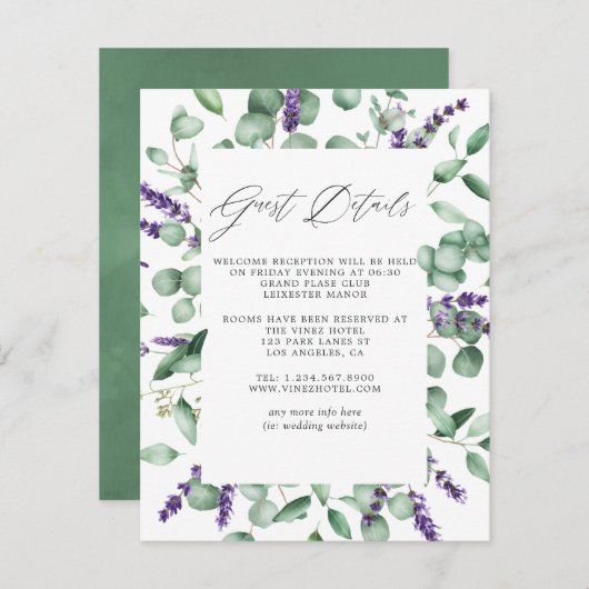 Trouwgastdetails met Eucalyptus Lavendel Groenelem Informatiekaartje (Voorkant / Achterkant)