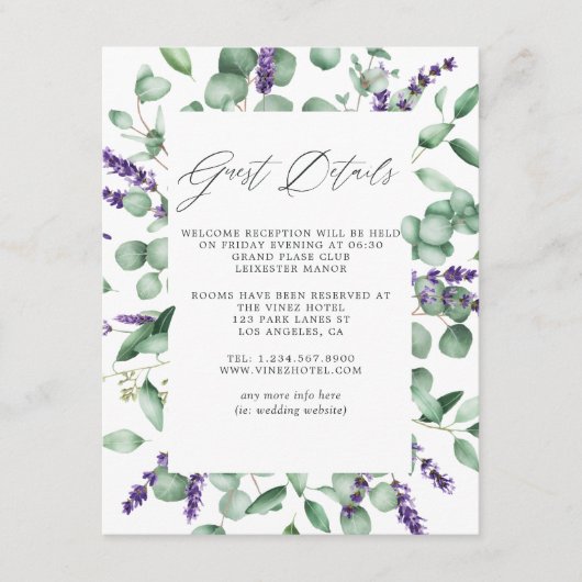 Trouwgastdetails met Eucalyptus Lavendel Groenelem Informatiekaartje (Voorkant)