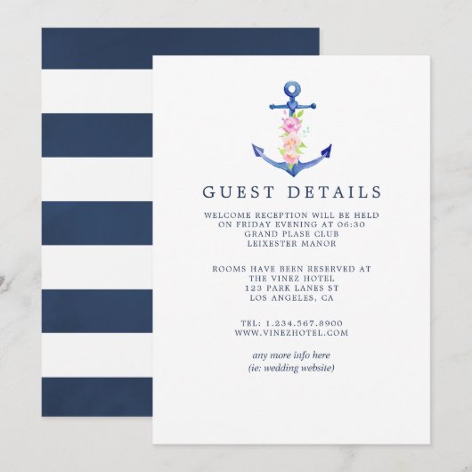 Trouwgastdetails met watercolor nautisch thema kaart (Voorkant / Achterkant)