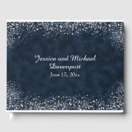 Trouwgastenboek in Navy Blauwe Witte Sterrenstof Gastenboek