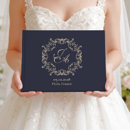 Trouwgastenboek met Navy Blue Barok Monogram Gastenboek