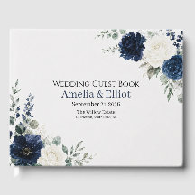 Trouwgastenboek met Navy Blue Zilver Ivoor Bloemen