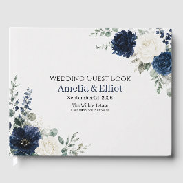Trouwgastenboek met Navy Blue Zilver Ivoor Bloemen Gastenboek