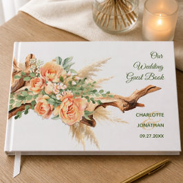 Trouwgastenboek met perzikrozen en drijfhout gastenboek