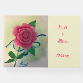 Trouwgastenboek met roze roos en blauwe lint gastenboek