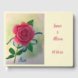 Trouwgastenboek met roze roos en blauwe lint gastenboek