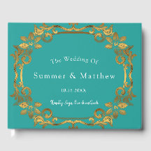 Trouwgastenboek met turquoise en goud