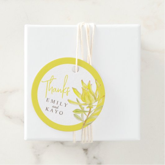 Trouwgeel conebush waterverf voorkeur bedankt bedankjes labels (In situ)