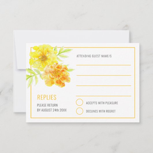 Trouwgele goudsbloem waterverf eenvoudig RSVP kaartje (Achterkant)