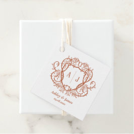 Trouwgeschenk met terracotta monogram-kam en winge bedankjes labels