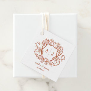 Trouwgeschenk met terracotta monogram-kam en winge bedankjes labels