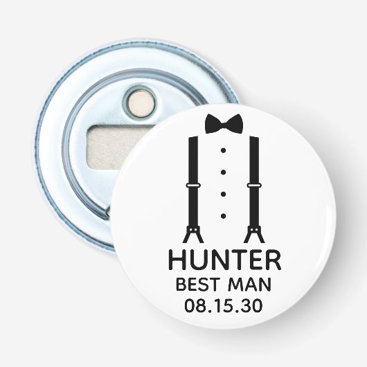 Trouwgetuige Zwarte Vlinderdas Button Flesopener (Voorkant)