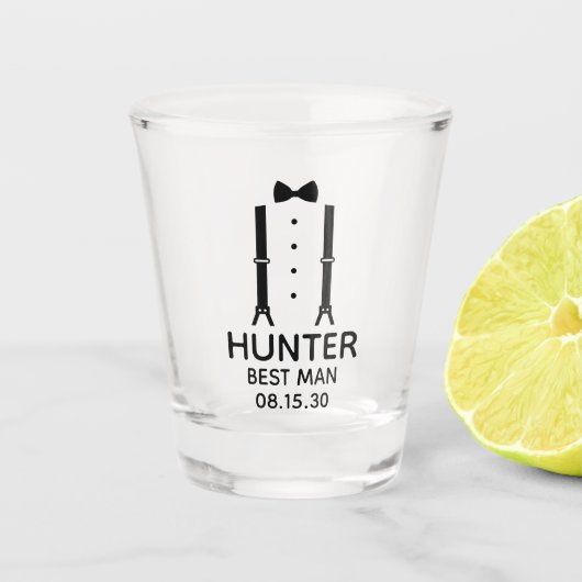 Trouwgetuige Zwarte Vlinderdas Shot Glas (Voorkant)