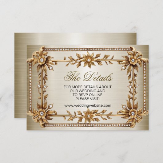Trouwgoud Rechthoek Dimond Flowers Shiny Informatiekaartje (Voorkant / Achterkant)