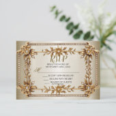 Trouwgoud  Rechthoek Dimond Flowers Shiny RSVP Kaartje (Staand voorkant)
