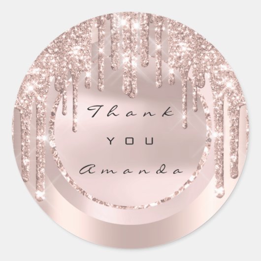 Trouwgunst Bedankt Naam Drip Rose Glitter Ronde Sticker (Voorkant)