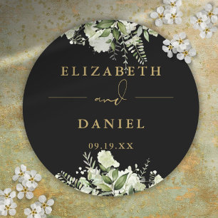 Trouwgunst Florale Groen Bladgoud Zwart Ronde Sticker