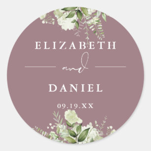 Trouwgunst in bloemgroen en mauve ronde sticker