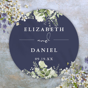 Trouwgunst in bloemgroen Navyblauw Ronde Sticker