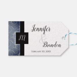 Trouwgunst met monogramkrullen cadeaulabel