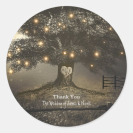 Trouwgunst met vintage rustieke boom en nachtverli ronde sticker