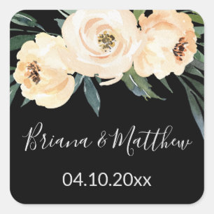 Trouwgunsten met bloemmotief in beige, zwart en wi vierkante sticker
