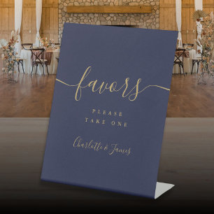 Trouwgunsten Tafel Navy Blauw Goud Moderne Script Reclamebord Met Voetstuk