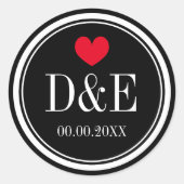 Trouwgunststickers met monogram en rode hart ronde sticker (Voorkant)