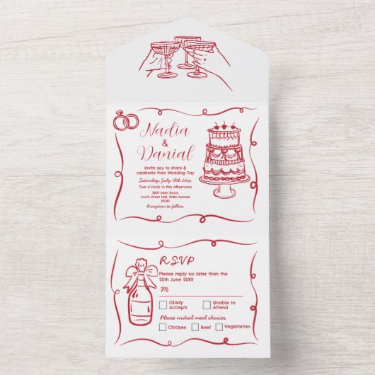 Trouwhand getekend grillige rode uitnodiging & RSV (Binnen)