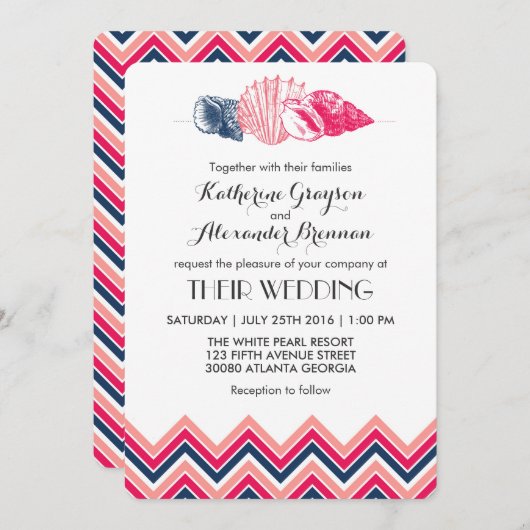 Trouwhartuitnodiging met vintage chevron zeeschelp kaart (Voorkant / Achterkant)