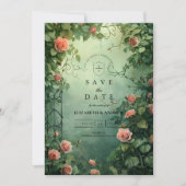 Trouwhek in betoverde rozentuin save the date (Voorkant)