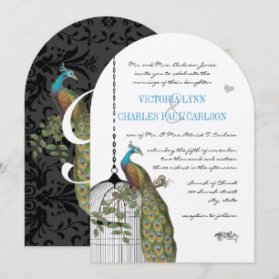 Trouwhoutnodigingen met vintage vogelkooi en pauw kaart